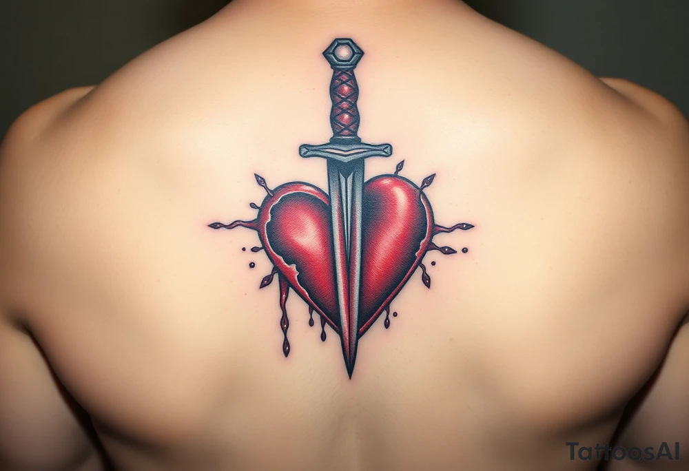 A bloody dagger piercing through a heart, with dark reds and metallic silver, representing pain, sacrifice, and passion tattoo idea