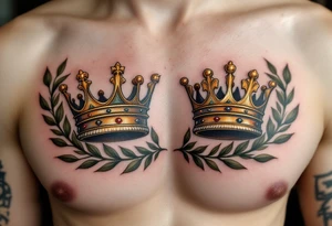Realistic king and queen crown tattoos with metallic gold tones, surrounded by laurel leaves in muted olive green. tattoo idea