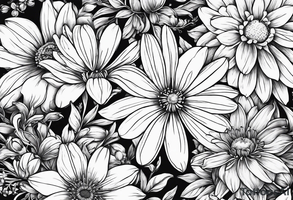 Honeysuckle, daisys, cosmos,and snowdrop sleeve tattoo idea
