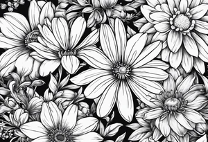 Honeysuckle, daisys, cosmos,and snowdrop sleeve tattoo idea