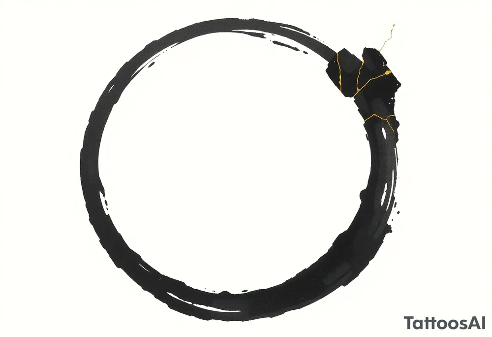 A Japanese‑inspired tattoo of a thick Zen ensō circle, drawn with a bold, hand‑painted black ink brushstroke. The circle is imperfect and organic, with visible texture and subtle variation in line thickness. About the last quarter of the circle, near the top‑right, transforms into a cracked ceramic segment that has been repaired using kintsugi: visible broken pieces outlined and joined by thin, flowing gold lines. There should be a couple big pieces of ceramic and no small ones. The circle and the ceramic part should have the same thickness. The gold seams follow the natural fractures of the ceramic section, creating several branching cracks rather than a single line, clearly distinguishing this repaired portion from the rest of the smooth ink circle. The transition from ink to ceramic should feel natural, as if the painted circle solidifies into a fragile object that has been lovingly mended. Keep the interior of the circle empty, with a clean white background and no extra symbols or text. Design it as a black and gray tattoo with a subtle metallic gold effect on the kintsugi seams, suitable for a medium‑sized placement on the back of the bicep. tattoo idea
