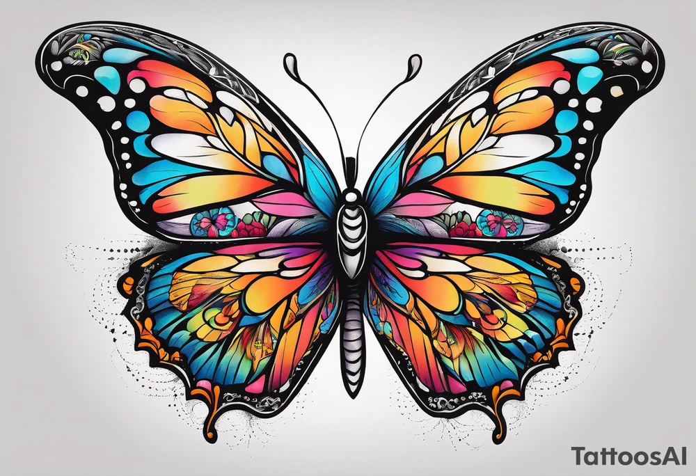 A vibrant butterfly with colorful wings, resting on a flower, showcasing transformation and beauty.” tattoo idea