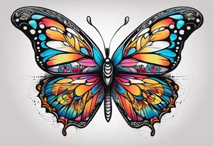 A vibrant butterfly with colorful wings, resting on a flower, showcasing transformation and beauty.” tattoo idea