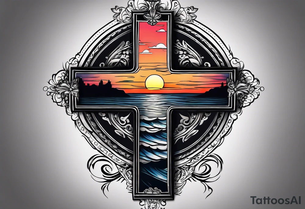 A cross with a ribbon around it with the text stay true to who you are with the colors of a sunset fading out from behind it tattoo idea