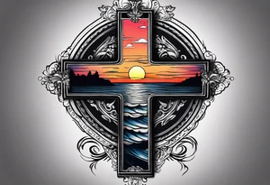 A cross with a ribbon around it with the text stay true to who you are with the colors of a sunset fading out from behind it tattoo idea