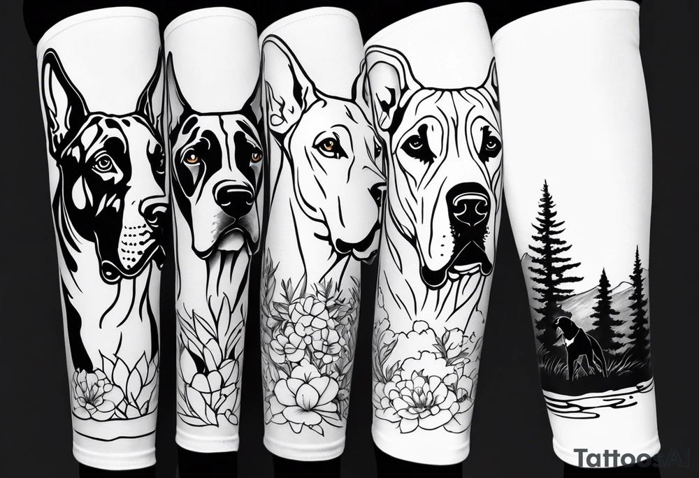 Arm sleeve that has 4 Great Dane heads mixed in with other fill work that resembles the outdoors tattoo idea