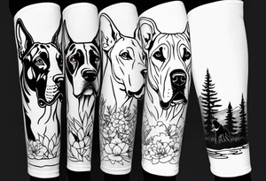 Arm sleeve that has 4 Great Dane heads mixed in with other fill work that resembles the outdoors tattoo idea