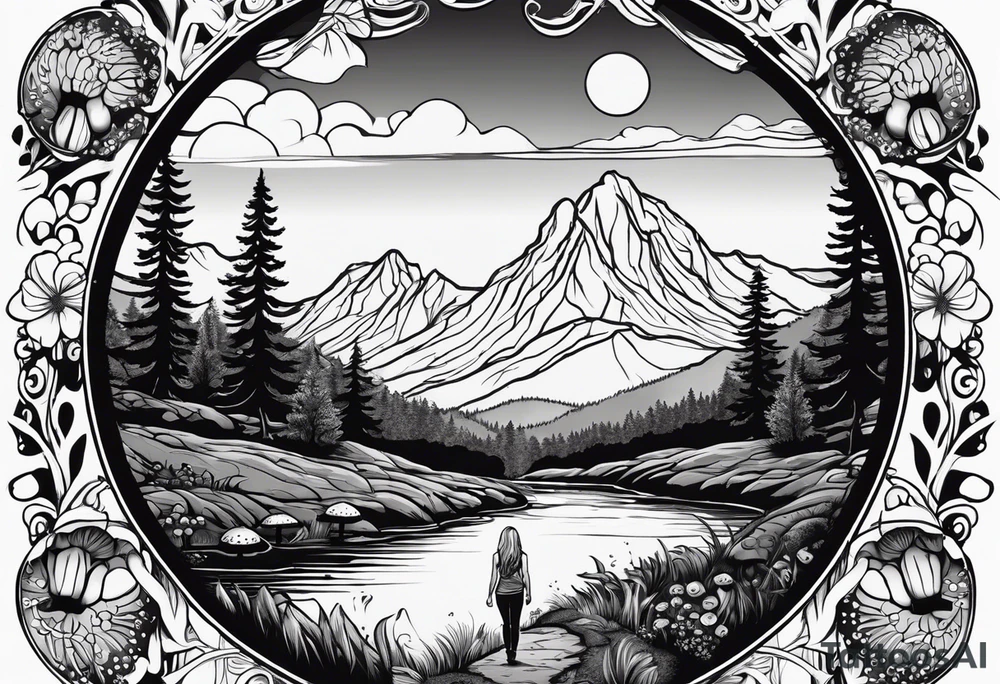 Whole picture encircled fully

Straight long blonde hair hippie girl in distance holding mushrooms in hand facing away toward mountains and creek surrounded by mushrooms long sleeve shirt and hiking pants; whole rendering within a full circle, no cut off circle tattoo idea