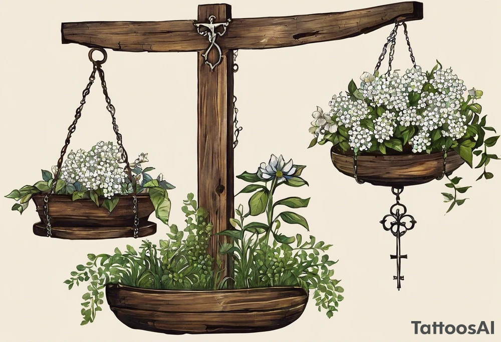 I need you to draw me a old libra scale out of tattered wood. The ends of the cross of wood need to be  broken. I need the bottom to look tattered possible cracks and holes  in wood of scale. I need vines with little white flowers wrapped all the way up the scale across the wood beam. And I want the scale bowls need to be attached by the vines. And I want the two weights of the scale to be wooden as well. They also need to look tattered. The weights need to be fastened on by the vines. I need to make it look like the ends of the vines on both scales is just loosely. I need to incorporate pieces koi fish in beautiful blues greens, and pinks.The fish need to be one on each scale balancing the scale and the tail of the left on, pointing down. the beautiful fish tail fins needs to be covering part of the tattered piece and the fish on the rights tail will be facing unpard with the fin of beauty starting to court the same pic the pieces fish need to be placed in the scale bowls the need to of large size to so theyv  Fill each scale and are persuading out the bowls

Why aren't you adding the pieces fish swimming in opposite directions one on each bowl tattoo idea