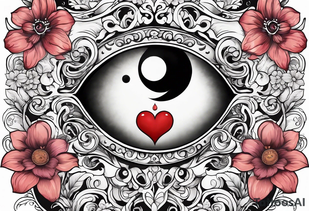 Heart with an eye in it surrounded by flowers and yin Yang tattoo idea