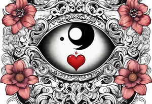 Heart with an eye in it surrounded by flowers and yin Yang tattoo idea