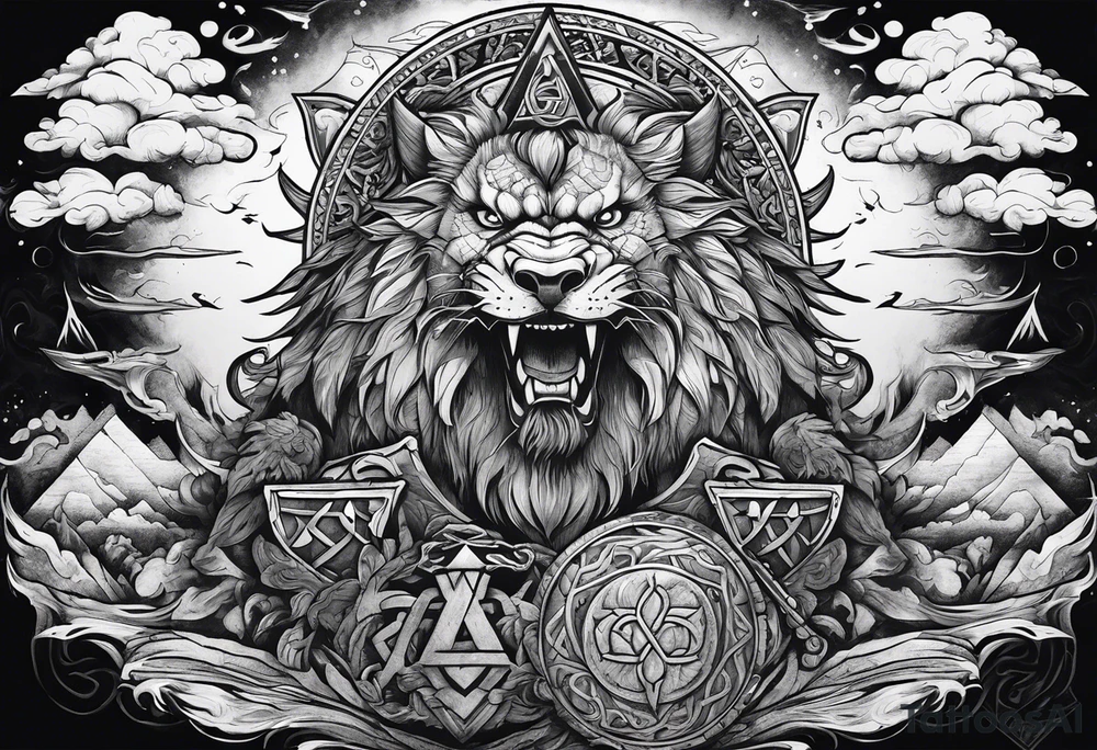 Valhalla sword shield  axe lion dragon 
Valknut  ruins tattoo idea
