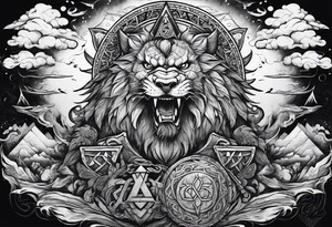 Valhalla sword shield  axe lion dragon 
Valknut  ruins tattoo idea