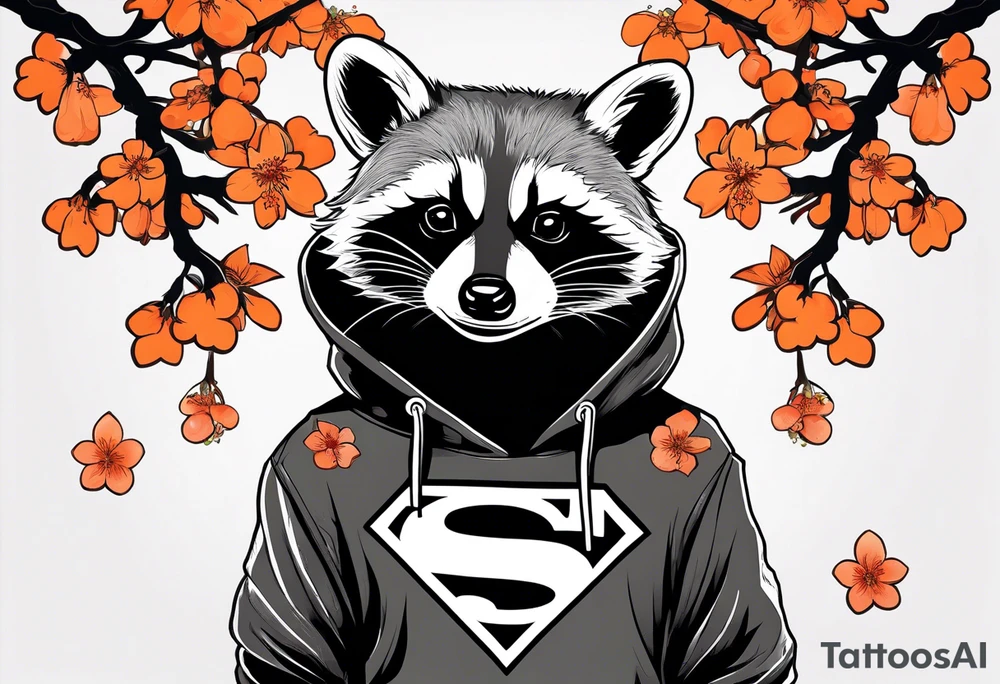 raccoon wearing a black and white Superman hoodie and orange Japanese cherry blossoms tattoo idea