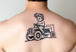 Realistic minimalist curly headed toddler son riding a toy tractor with a geometric frame tattoo idea