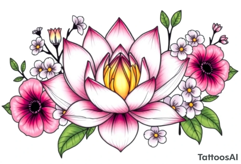 Lotus flower surrounded by forget me nots and peonies tattoo idea