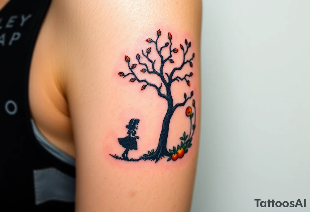 Alice in wonderland silhouette entering a garden and seeing an orange tree tattoo idea