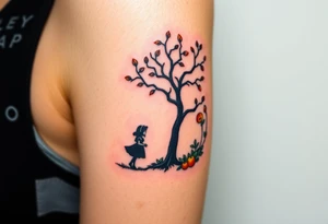 Alice in wonderland silhouette entering a garden and seeing an orange tree tattoo idea
