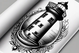 lighthouse shining light onto open book and a compass to wrap around forearm tattoo idea