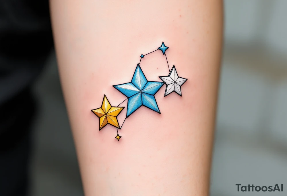 A constellation of three stars in pale blue, gold, and white, connected by a thin silver line. tattoo idea