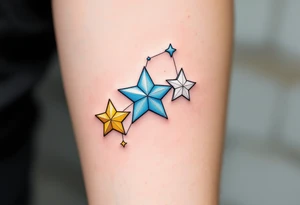 A constellation of three stars in pale blue, gold, and white, connected by a thin silver line. tattoo idea