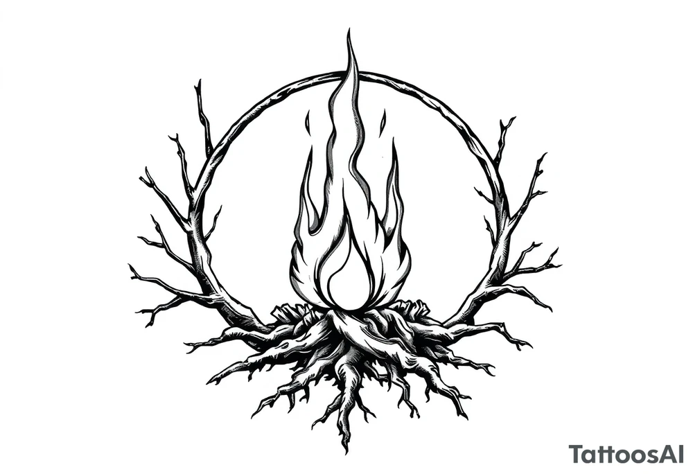 a round flame imprisoned in a roots circle tattoo idea