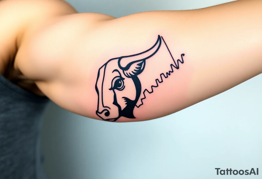 Create a minimalist black line tattoo of a bull’s head that transitions into an upward-trending candlestick stock chart. The design should have clean, fluid lines and combine the bull’s face and horns on the left, with the candlestick chart rising to the right, forming the shape of the bull’s jaw/neck. Keep the style simple and elegant, suitable for a forearm or upper arm tattoo.” tattoo idea