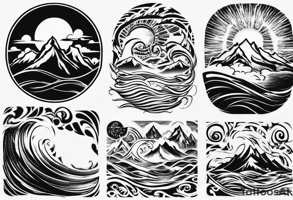 sleeve, mountains, waves, sun, trees tattoo idea