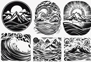 sleeve, mountains, waves, sun, trees tattoo idea