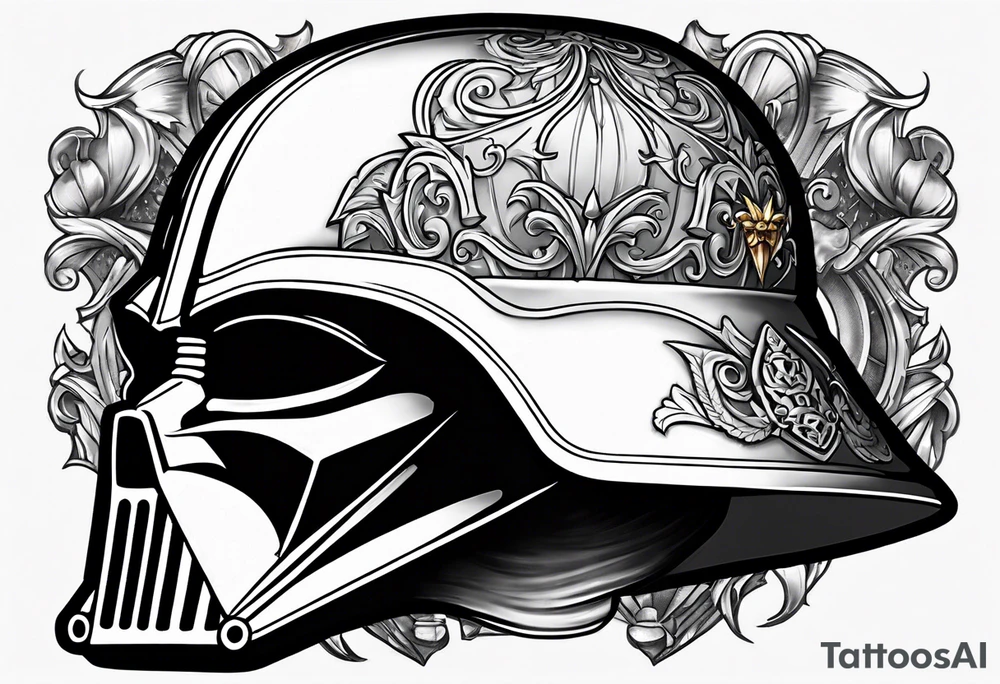 Half Darth Vader helmet half skull in Roman gladiator style tattoo idea