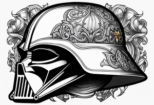 Half Darth Vader helmet half skull in Roman gladiator style tattoo idea