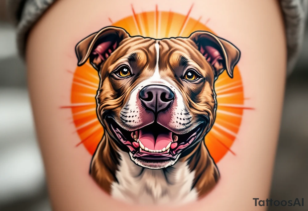 Portrait of a smiling pitbull, soft brown fur and white chest, playful expression, set against a sunburst background in warm orange tones. tattoo idea