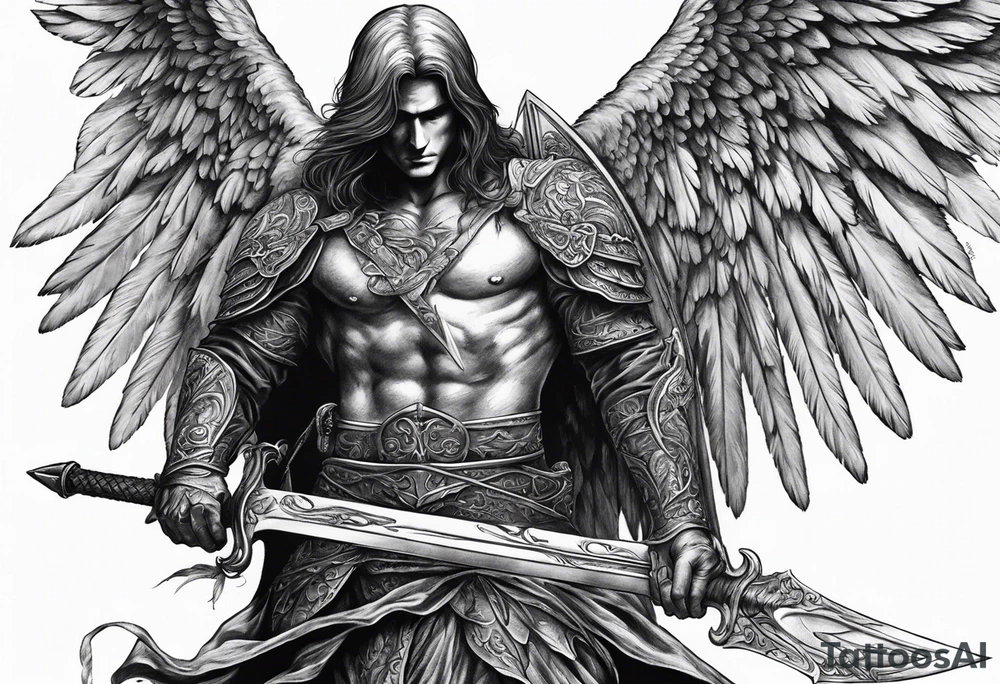 realistic angel of death, man, full body, no face visible, holding one sword, sword vertically pointing downwards tattoo idea