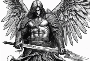 realistic angel of death, man, full body, no face visible, holding one sword, sword vertically pointing downwards tattoo idea