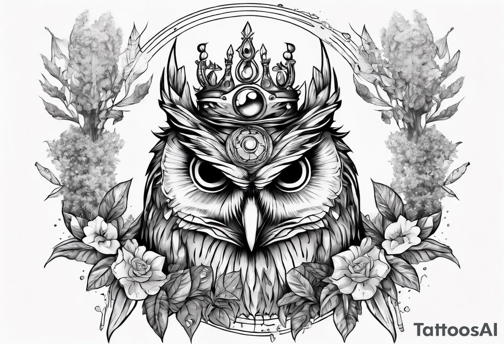 Demon crowned Owl surrounded by poisonous plants, crystals and astrology. tattoo idea