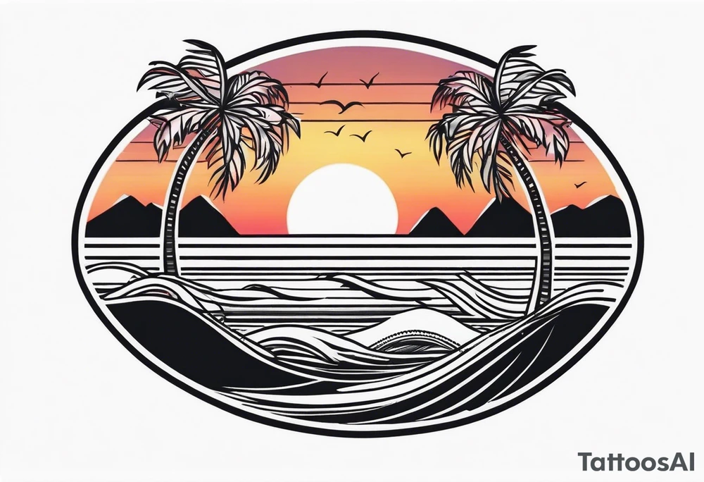 palm tree front of a sunset and waves tattoo idea