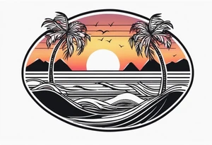 palm tree front of a sunset and waves tattoo idea