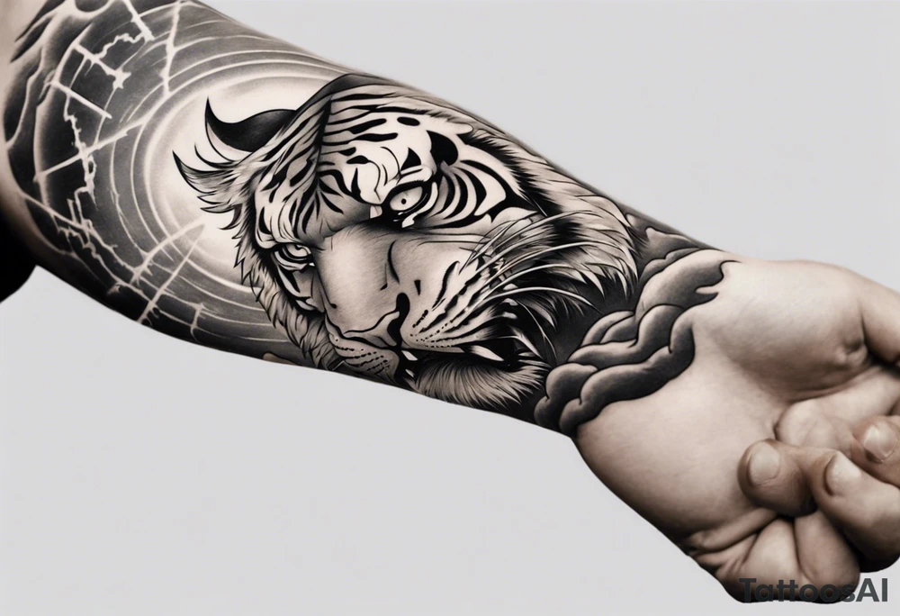 Tiger Warrior sleeve tattoo with lightning and the sun
Forearm sleeve tattoo idea