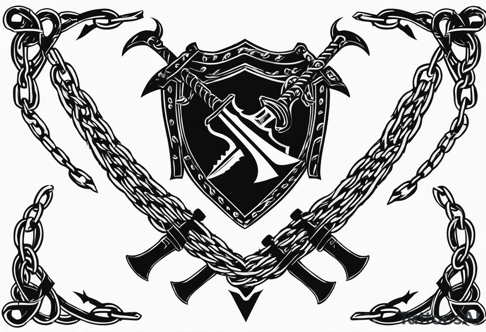 Valhalla sword shield axe barbed wire chains dark cloud tattoo idea