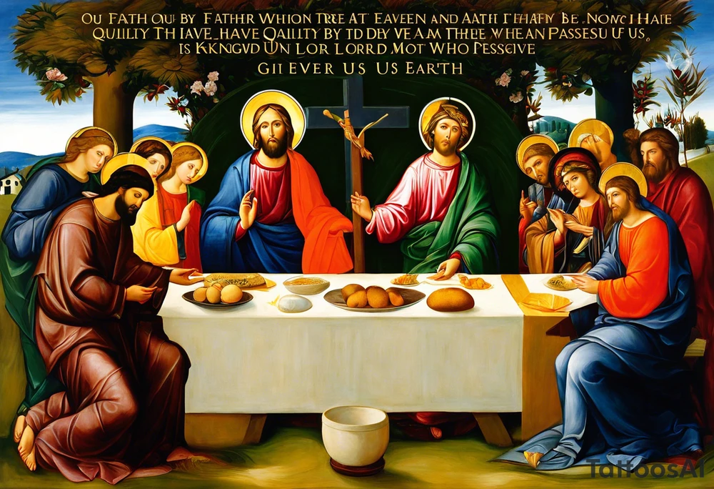 Our father who art in Heaven, hallowed by Thy name
Thy kingdom come, Thy will be done, on earth as it is in Heaven
'Give us our daily bread and forgive us our trespasses
As we forgive those who have trespassed against us
Lord, lead us not into temptation, but deliver us from evil
For Thine is the kingdom, power, and the glory forever tattoo idea
