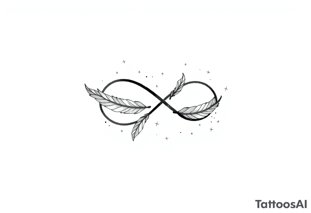 infinity symbol woven with floating feathers and stardust tattoo idea