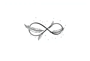 infinity symbol woven with floating feathers and stardust tattoo idea