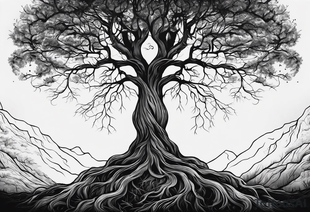 a tall tree with roots with the text of "Deep roots are not reached by the frost." around it tattoo idea