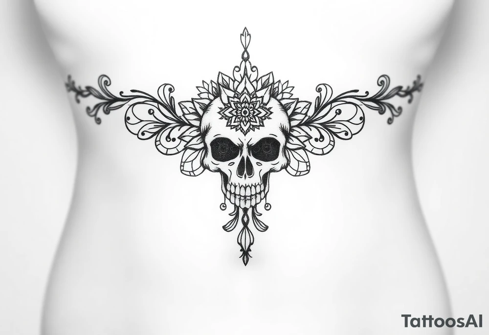 Stunning underboob tattoo with lace and elegant mandala skull tattoo idea