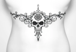 Stunning underboob tattoo with lace and elegant mandala skull tattoo idea