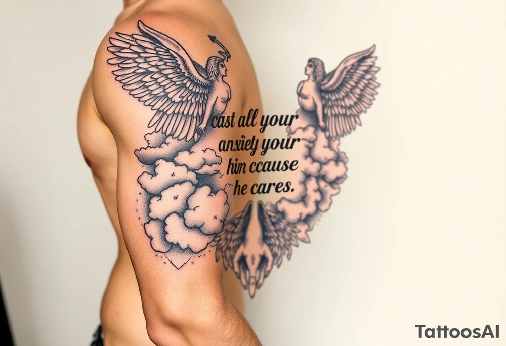 cast all your anxiety on him because he cares for you" with angels and clouds and hands tattoo idea