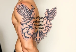 cast all your anxiety on him because he cares for you" with angels and clouds and hands tattoo idea
