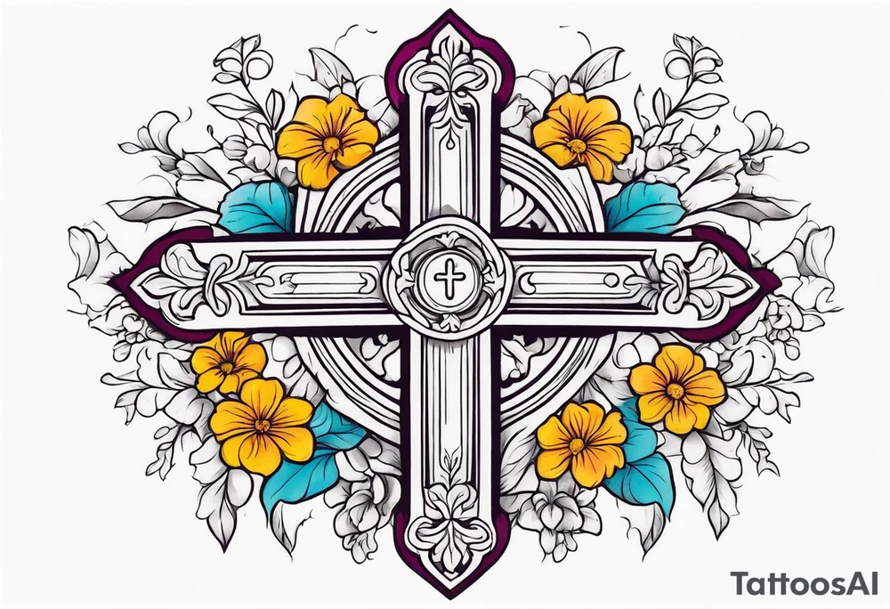 cross surrounded with flowers colorful tattoo idea