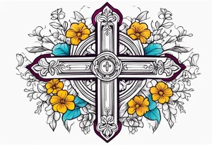cross surrounded with flowers colorful tattoo idea