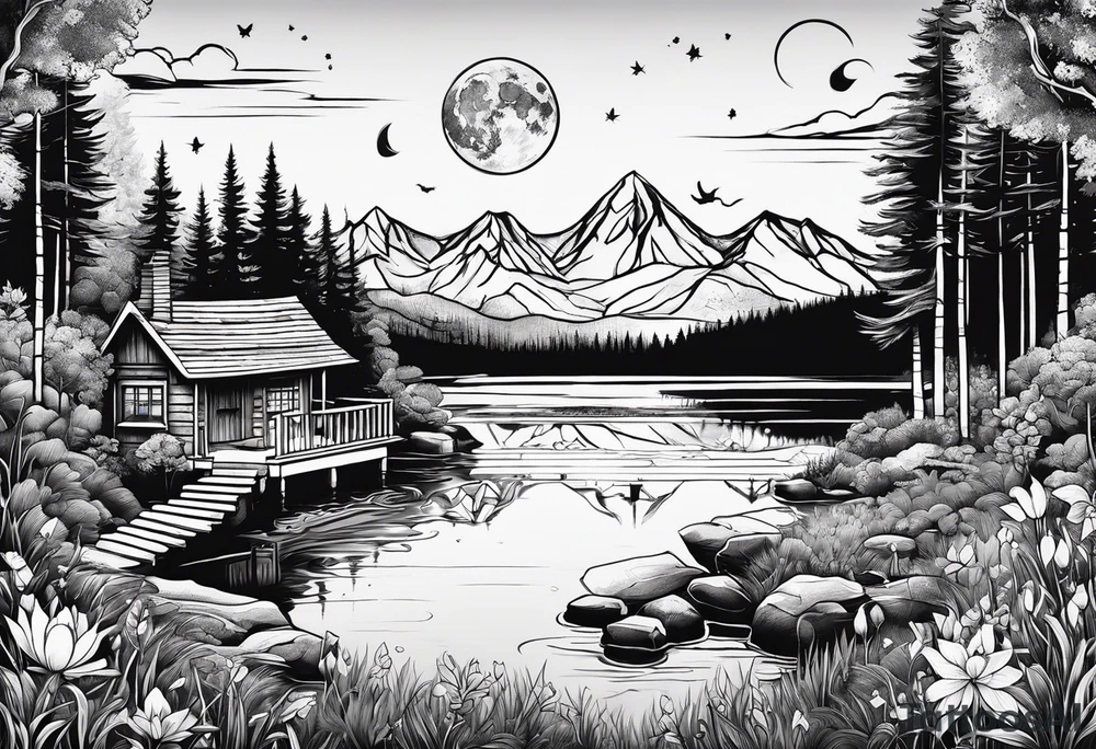 Hidden garden with lake and small cabin in woods with moon and mountains tattoo idea